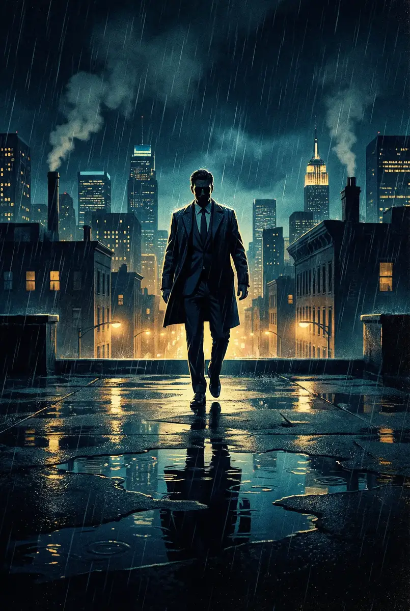 五十度灰 未删减 出品影片《雨夜独行者》海报，雨中城市屋顶男性剪影